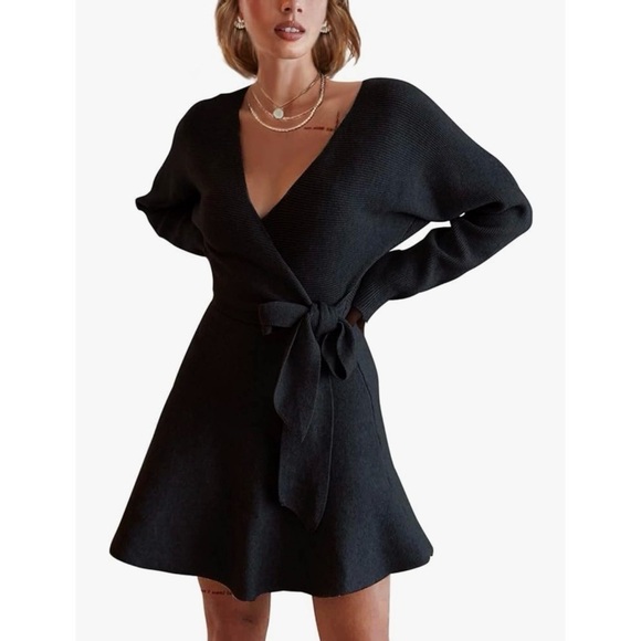 EXLURA Black Long Sleeve Wrap Mini Sweater Dress V-Neck Knit - Picture 1 of 15
